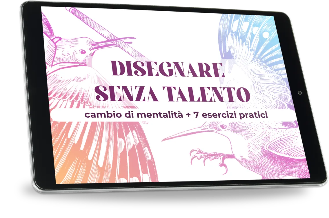 Copertina della guida gratuita Disegnare Senza Talento, mostrata su un tablet